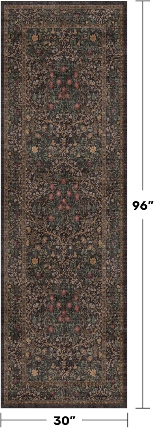 Dark Brown 2'6" x 8' Runner Rug for Hallways Non Slip, Extra Long Floor Runner for Kitchen, Entryway Indoor, Washable Rubber Backing Stain Resistant - Vintage Dark Green Botanical Floral Décor