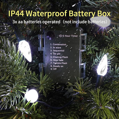 100LED C6 Lights,Green Wire,Waterproof Battery Case,Multi Functions,Timer,Cool White（2 Sets - Each 50 Count LED）