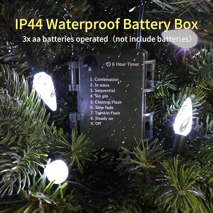 50LED C6 Lights,Green Wire,Waterproof Battery Case,Multi Functions,Timer,Cool White