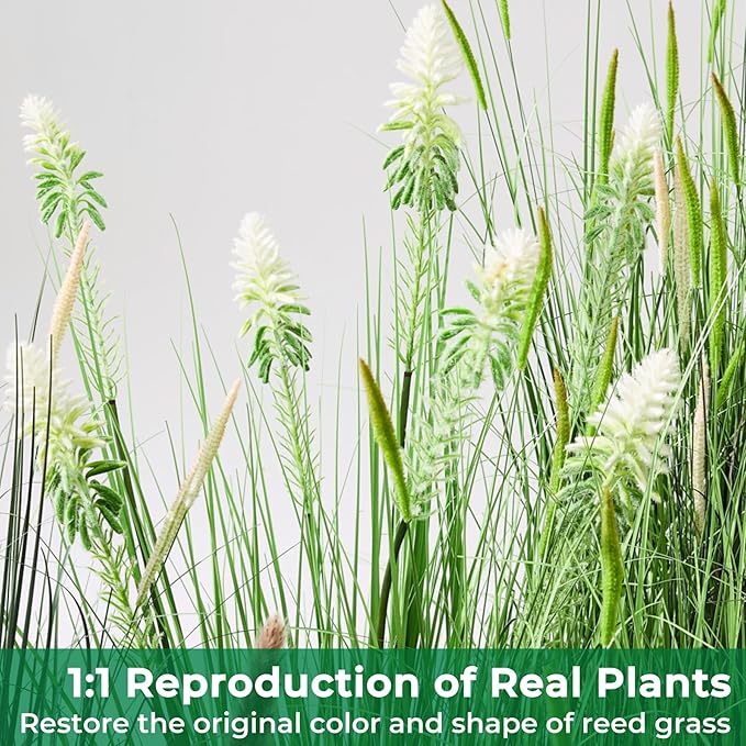 4ft 2-Pack Horsetail Reed Grass with White Cockscomb Flower, 48in Tall Indoor Outdoor Green Onions Fake Plants in Pot, Home Office Decorative Artificial Plant & Greenery, Wedding Décor
