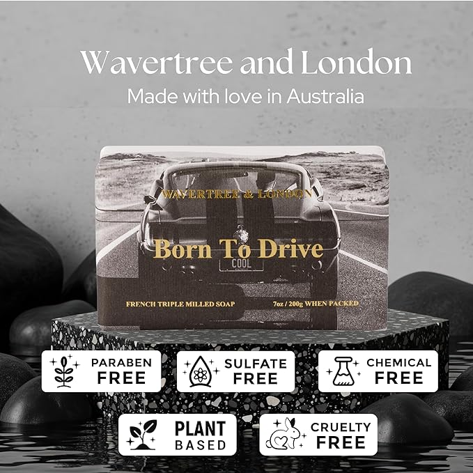 Wavertree & London Born To Drive Scented Natural Soap Bar, 7oz Moisturizing French Triple Milled Soap Bar for Women & Men Enriched with Organic Shea Butter, Pure Bath & Body Soap (1 Bar)