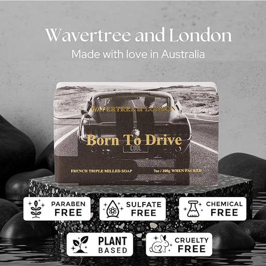 Wavertree & London Born To Drive Scented Natural Soap Bar, 7oz Moisturizing French Triple Milled Soap Bar for Women & Men Enriched with Organic Shea Butter, Pure Bath & Body Soap (1 Bar)