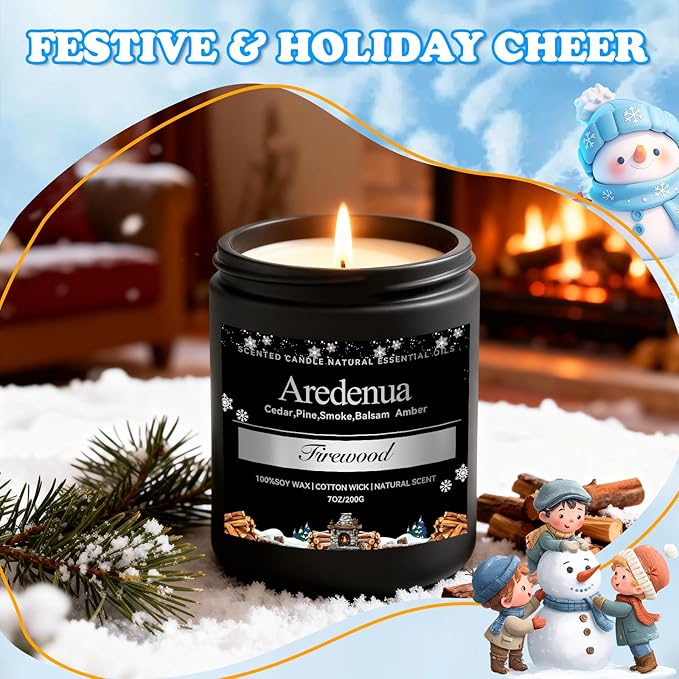 Firewood Candle – Winter Candles | Holiday Scented Candles, 7oz Jar Soy Candle for Home Scented - 50H Burn - Smoky Fireplace Cozy & Warm Scent, Christmas Gifts for Women & Men, Rustic Holiday Décor