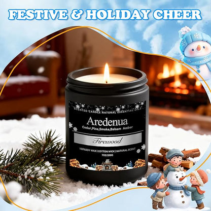 Firewood Candle – Winter Candles | Holiday Scented Candles, 7oz Jar Soy Candle for Home Scented - 50H Burn - Smoky Fireplace Cozy & Warm Scent, Christmas Gifts for Women & Men, Rustic Holiday Décor