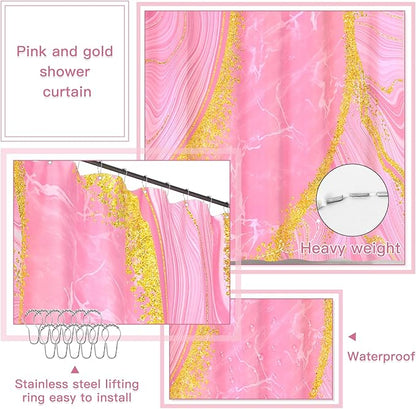 25PCS Bathroom Accessory Set, Pink Bathroom Set with Large-Capacity 4 Gallon Trash Can,Bathroom Rugs Set, Waterproof Shower Curtain, Toilet Brush, Toothbrush Holder & Soap Dispenser