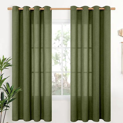 YoungsTex Olive Linen Curtains 72 Inch Length 2 Panels for Living Room, Dark Green Semi Sheer Drapes with Bronze Grommet Window Treatments Light Filtering for Bedroom Dining, 52 X 72 Inch