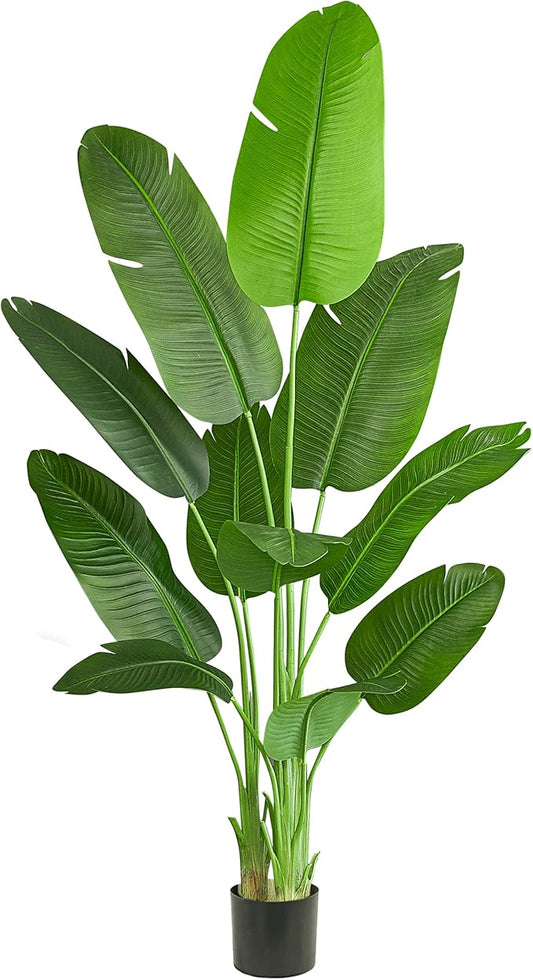 Birds of Paradise Plant Artificial, 6.6FT Fake Plant Faux Banana Leaf Tree with 15 Banana Leaves, Lifelike Tall Fake Tropical Palm Indoor Silk Floor Plant in Black Pot for House,Office,Room,Home Decor