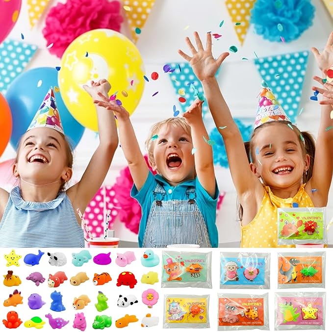 28 Packs Valentine Mochi Squishy Toys with Cards Animal Squishies for Kids Valentines Day Gift Exchange Boys and Girls Classroom Prizes Valentine Party Favors Supplies