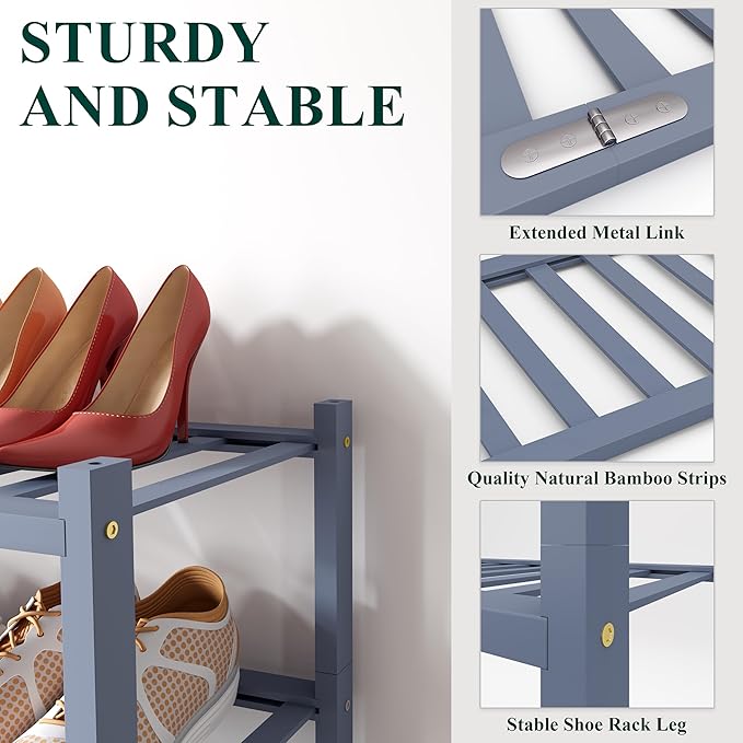 Smiry Bamboo Shoe Rack for Closet, 2 Tier Wooden Stackable Shoe Organizer, Free Standing Shoes Storage Shelf for Entryway, Front Door Entrance, Grey