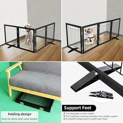 ZJSF Freestanding Dog Gate Indoor, Foldable Dog Fence for Doorways,Hallways or Stairs, Sturdy Wood Extra Wide Pet Gate with Support Feet,Black,24 "Height-4 Panels