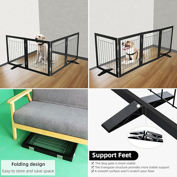 ZJSF Freestanding Dog Gate Indoor, Foldable Dog Fence for Doorways,Hallways or Stairs, Sturdy Wood Extra Wide Pet Gate with Support Feet,Black,32 "Height-4 Panels