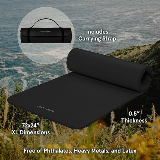Retrospec Solana Yoga Mat 1/2" Thick w/Nylon Strap for Men & Women - Non Slip Exercise Mat for Yoga, Pilates, Stretching, Floor & Fitness Workouts