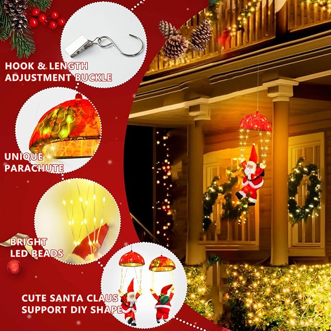 Christmas Lights Outdoor Indoor, Santa Claus Parachute LED Lights, 8 Modes & Timer Christmas Decorations Lights Outside Inside for Window, Garden, Home, Porch, Xmas Tree Decor (Warm White) ﻿