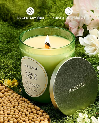 M&SENSE Sage Citrus Soy Candle, Cracking Wooden Wick 18oz 100 Hours Long Lasting Clean Burn, Large Jar Winter Aromatherapy Candle for Home Decor, Non-Toxic Relaxing Gifts for Women