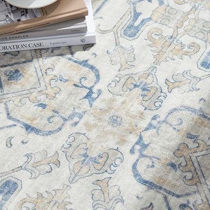 jinchan Round Rug 4ft Area Rug Indoor Vintage Floral Circle 4' Washable Ultra-Thin Low Pile Soft Small Non Slip Distressed Print for Living Room Dining Room Bedroom Entryway Blue