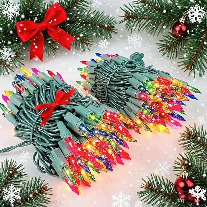 Christmas Lights Multicolor,Incandescent Light String Green Wire Indoor Outdoor, 200 Counts(2x100) 45 FT Length,Tree Light, Holiday Decorations in Party Birthday Bar