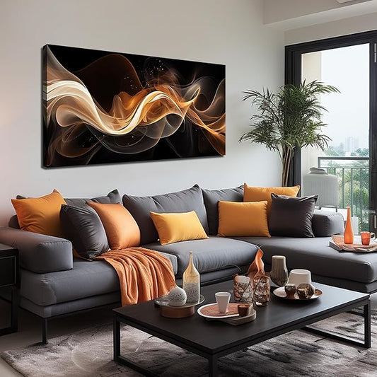 JuhaiArt Abstract Canvas Wall Art Bedroom Black Wall Decorations Gold Picture for Living Room Office 24" x 48" Lines Artwork