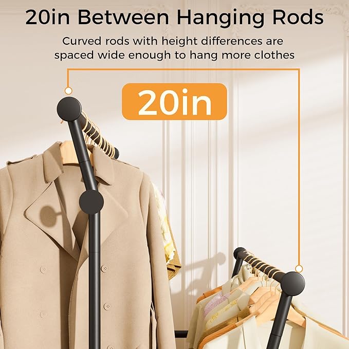Double Rods Clothes Rack, Rolling Clothing Rack for Hanging Clothes with Hooks&Mesh Shelf, Portable Wardrobe Rack, Metal Coat Rack Sturdy Garment Rack for Bedroom Laundry Living Room Storage, Black