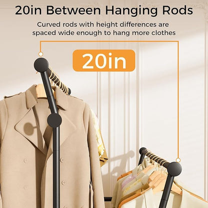 Double Rods Clothes Rack, Rolling Clothing Rack for Hanging Clothes with Hooks&Mesh Shelf, Portable Wardrobe Rack, Metal Coat Rack Sturdy Garment Rack for Bedroom Laundry Living Room Storage, Black