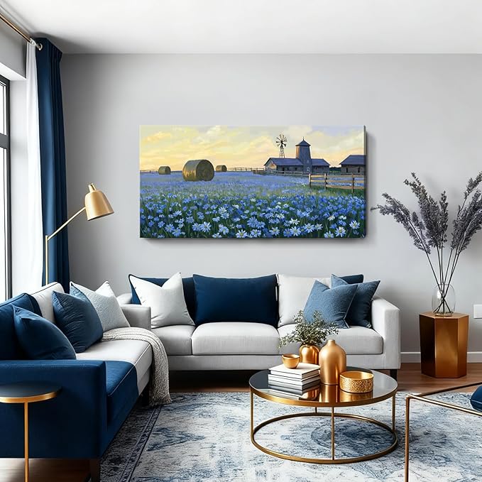 ARTZON Extra Large Wall Art Bedroom Living Room Oversized Farmhouse Sunset Art Work Rustic Country Blue Flower Meadow Landscape Canvas Print Artwork Windmill Picture for Kitchen Office Hallway 58"x29"