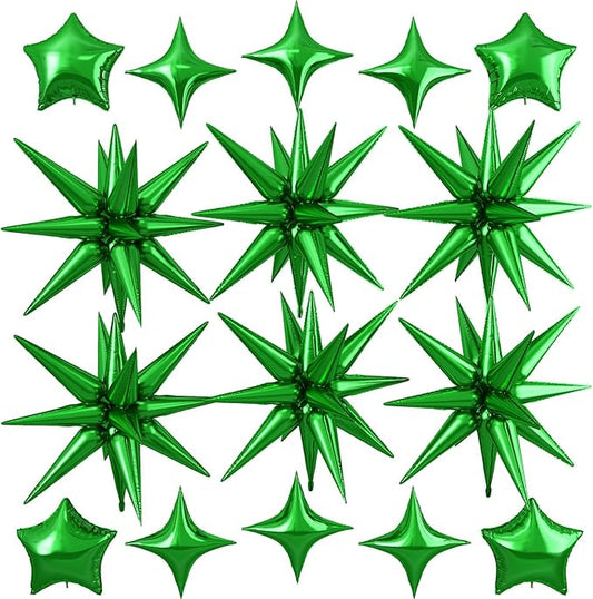 Green Star Balloon,16Pcs Star Foil Balloons Set with 22Inch Explosion Spike Cone Balloons and 10Inch Quadrangle Helium Balloon for Birthday Wedding Baby Shower and Halloween Party Decorations