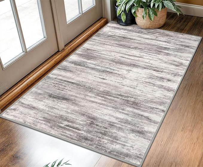KOZYFLY Area Rug 3x5 Modern Ombre Living Room Area Rug, Washable Rugs for Bedroom Non-Slip Soft Stain Resistant Striped, Print Grey Beige Abstract Carpet for Living/Laundry/Kid Room