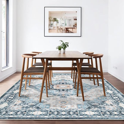 Washable 8×10 Area Rug for Living Room, Vintage Floral Rug Soft Non Slip Stain Resistant Boho Carpet for Indoor Bedroom Dinning Room Home Office Blue/Ivory