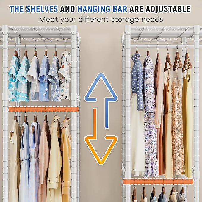 Raybee 88.2" W Clothes Rack Heavy Duty Clothing Racks for Hanging Clothes Portable Closet Loads 1200LBS Freestanding Garment Rack for Bedroom 88.2" W x 75.6" H x 15.7" D, White