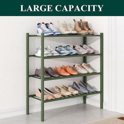 Smiry Bamboo Shoe Rack for Closet, 4 Tier Wooden Stackable Shoe Organizer, Free Standing Shoes Storage Shelf for Entryway, Front Door Entrance, Green