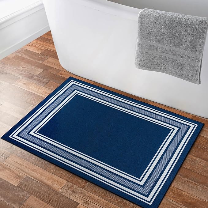 Modern Bordered Non Slip Indoor Runner Rugs for Living Room 2x3 Area Rugs for Kitchen, Rug for Bedroom, and Hallway, Stain Resistant Easy Cleaning Non Shedding Navy 2 x 3