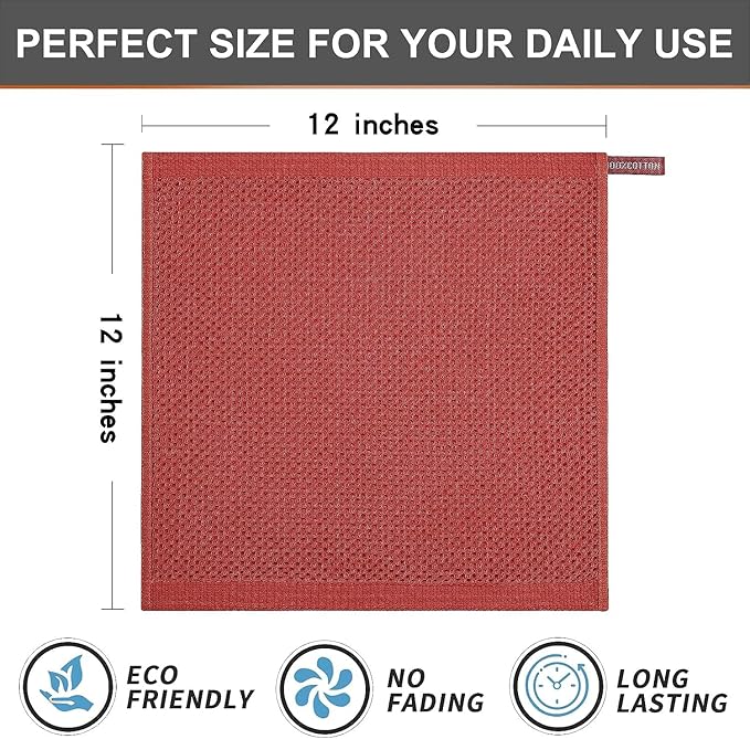 Kitinjoy 100% Cotton Kitchen Dish Cloths, 12 Pack Waffle Weave Ultra Soft Absorbent Dish Towels for Drying Dishes Quick Drying Kitchen Towels Dish Rags, 12 X 12Inch, Brick Red