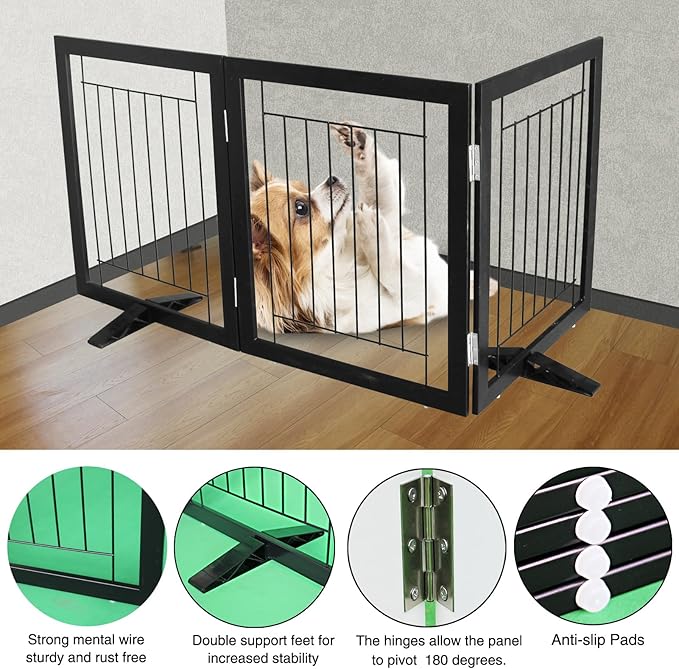 ZJSF Freestanding Dog Gate Indoor, Foldable Dog Fence for Doorways,Hallways or Stairs, Sturdy Wood Extra Wide Pet Gate with Support Feet,Black,24 "Height-3 Panels
