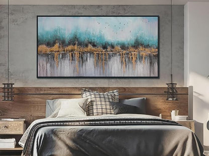 Ardemy Teal Abstract Canvas Wall Art for Living Room, Bedroom Wall Decor above Bed, Textured Picture Artwork Painting Wall Art for Men Home Office, Black Framed Large 48"x24"