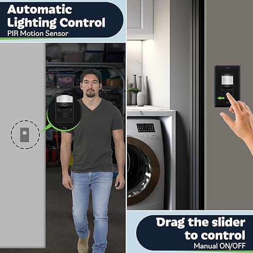 TOPGREENER in Wall PIR Motion Sensor Light Switch, Occupancy Sensor Switch, 𝐍𝐞𝐮𝐭𝐫𝐚𝐥 𝐖𝐢𝐫𝐞 𝐑𝐞𝐪𝐮𝐢𝐫𝐞𝐝, On/Off Override, 𝐒𝐢𝐧𝐠𝐥𝐞 𝐏𝐨𝐥𝐞, 4A, 500W, TSOS5-BKWP,Black,4 Pack