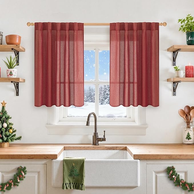 YoungsTex Burgundy Red Linen Kitchen Curtains for Window Over Sink, Short Semi Sheer Drapes with Rod Pocket Back Tab Light Filtering Christmas Decor for Bathroom Cafe, 2 Panels, 42 X 36 Inch