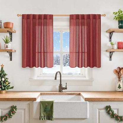 YoungsTex Burgundy Red Linen Kitchen Curtains for Window Over Sink, Short Semi Sheer Drapes with Rod Pocket Back Tab Light Filtering Christmas Decor for Bathroom Cafe, 2 Panels, 42 X 36 Inch