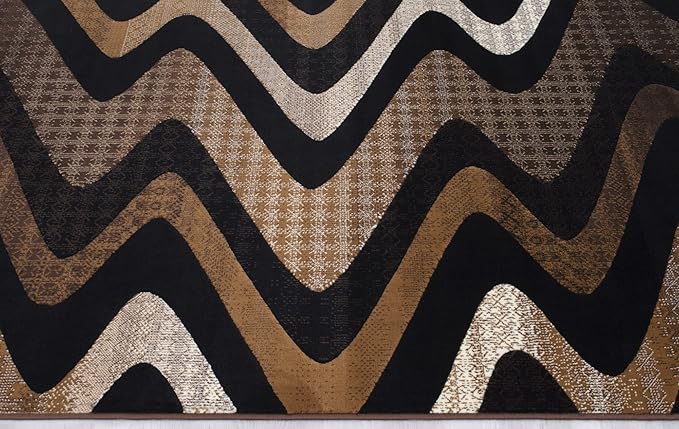 Allstar 8x10 Chocolate and Mocha Modern and Contemporary Rectangular Accent Rug with Ivory and Espresso Wavy Zigzag Design (7' 9" x 9' 8")