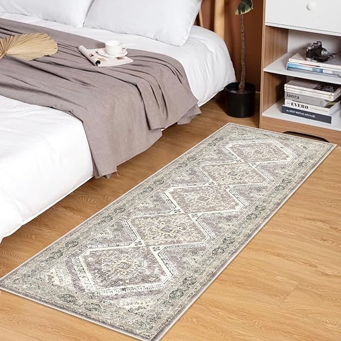 KUTA Oriental Washable Runner Rug, 2x5 Runners Non-Slip Vintage Ivory Grey Yellow Brown 5ft Hallway Kitchen Rugs Ultra Soft Printed Distressed Tribal Farmhouse Carpet for Bedroom Entryway Decor
