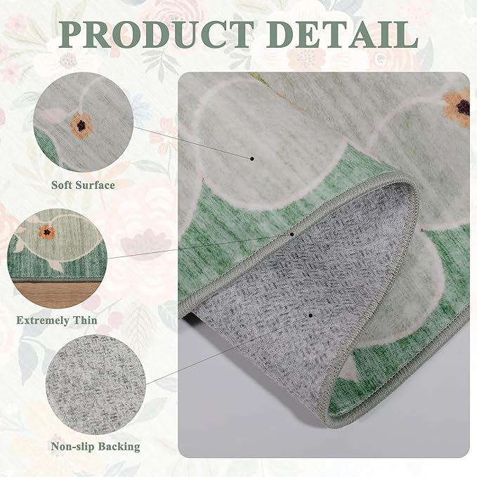 DUKINO 2x10 Kitchen Runner Rug for Hallway, Washable Runner Rug with Non Slip Backing, Low Pile Soft Boho Floral Carpet for Kitchen, Hallway, Entryway, Laundry, Bedroom, Green