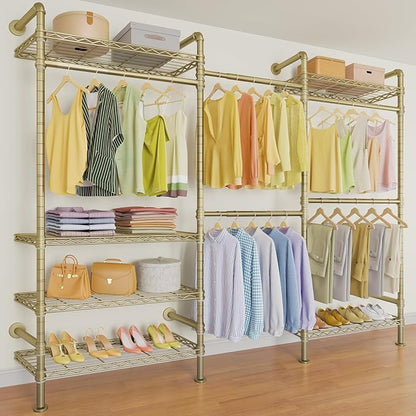 Timate F3 Garment Rack Heavy Duty Clothes Rack for Hanging Clothes, Expandable Industrial Pipe Wall Mounted Clothing Rack, Adjustable Storage Closet Wardrobe Closet Kit Walk in Closet Systems, Gold