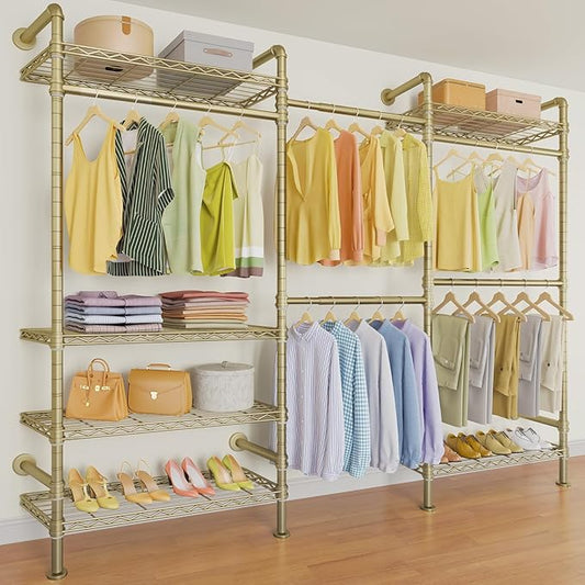 Timate F3 Garment Rack Heavy Duty Clothes Rack for Hanging Clothes, Expandable Industrial Pipe Wall Mounted Clothing Rack, Adjustable Storage Closet Wardrobe Closet Kit Walk in Closet Systems, Gold