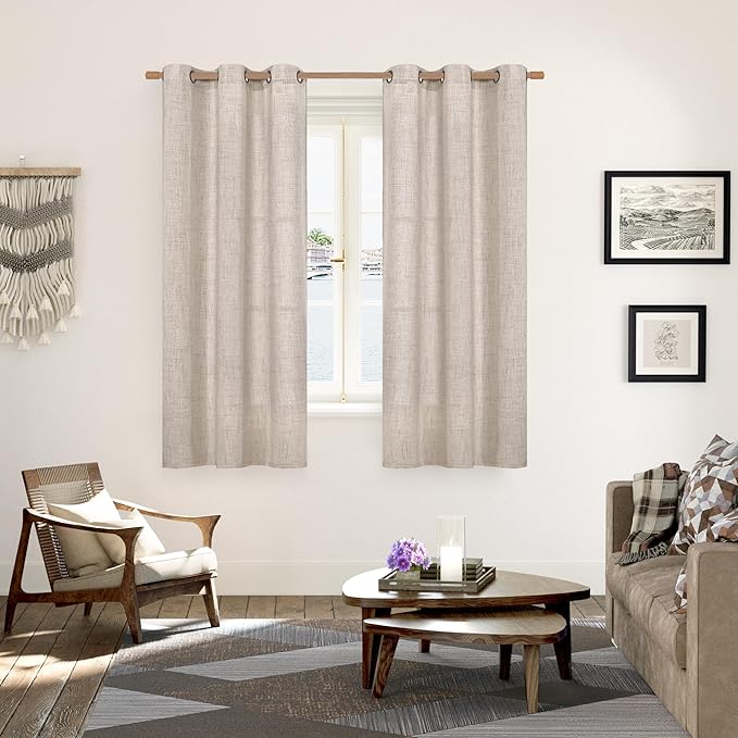 YoungsTex Natural Linen Curtains 38 Inch Width for Window Light Filtering Curtain Drapes 63 Inch Length with Bronze Grommet Privacy for Short Living Room Bedroom, 2 Panels