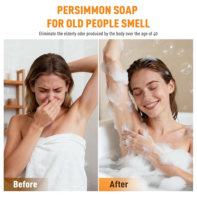 120G Round Persimmon Soap for Body Odor & Old People Smell Eliminator, Natural Purifying Deodorizing Soap for Women & Men, 2 Bars