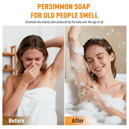 120G Round Persimmon Soap for Body Odor & Old People Smell Eliminator, Natural Purifying Deodorizing Soap for Women & Men, 2 Bars