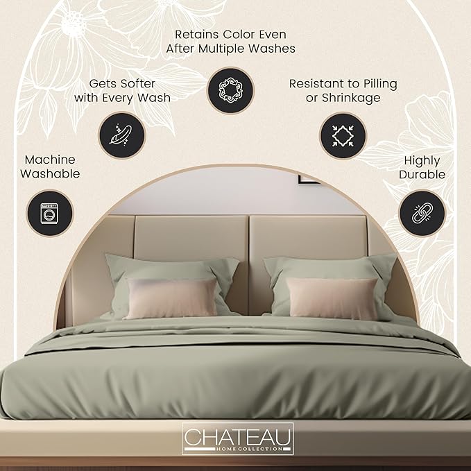 Deep Pocket Queen Sheets Set, Organic Cotton Sheets Queen Size Bed Set with Elasticated Fitted Sheet & Pillowcase Sets, Soft & Comfy 300 TC Sateen, No Pill & Shrink Luxury Bedding, Sage Green Sheet