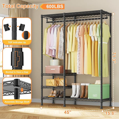Ulif F4 Heavy Duty Clothes Rack (With Hanger Rod) Freestanding Clothing Racks for Hanging Clothes，Adjustable Closet Organizer System, Portable Garment Rack 45"W x 15.8"D x 71.3"H,Max Load 600LBS,Black