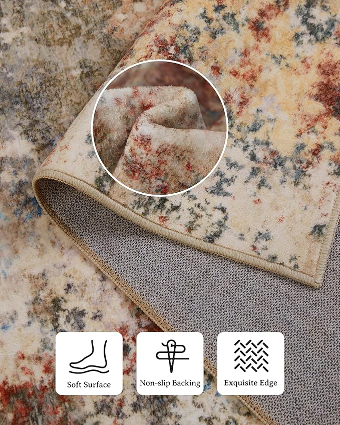 Washable Area Rug for Living Room: 5x7 Modern Abstract Neutral Soft Rug for Bedroom Dining Room No Slip Low Pile Carpet for Nursery Home Office - Red/Ivory