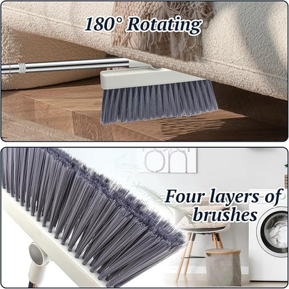 Long-Handled Broom and Dustpan Set, Windproof Broom Combination, 180-degree Rotating Brush Head with Upright Dustpan, Suitable for Indoor and Outdoor Cleaning. (White)