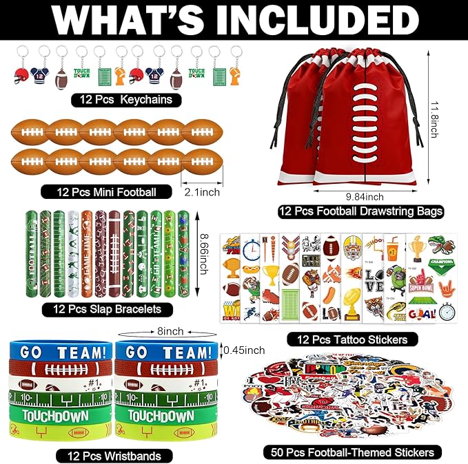 122 Pcs Football Party Favors Drawstring Bags Football Goodie Bag with Mini Ball, Wristband, Slap bracelets, Keychains, Stickers,Tattoo Stickers for Football Themed Party Supplies