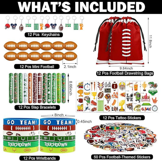 122 Pcs Football Party Favors Drawstring Bags Football Goodie Bag with Mini Ball, Wristband, Slap bracelets, Keychains, Stickers,Tattoo Stickers for Football Themed Party Supplies